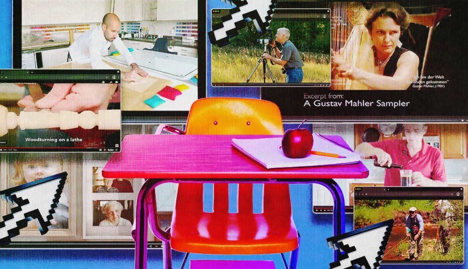 a desk superimposed over a collage of images showing online classes