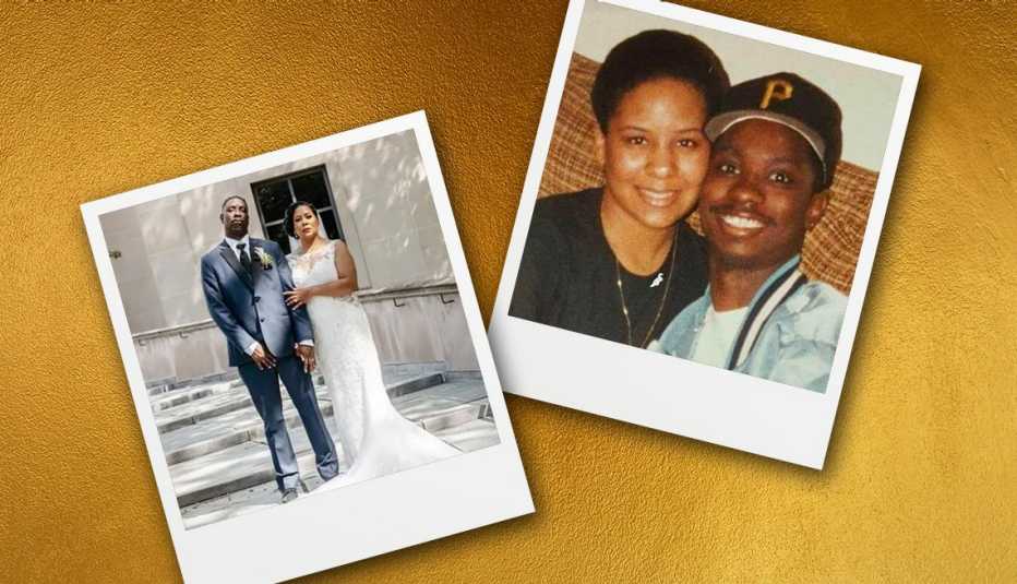 Nicole and Adam Lewis pictured when they were young and when they got married