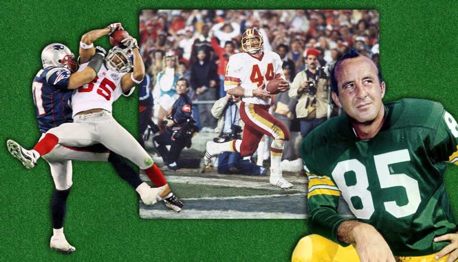 L to R:  2008 Giants/Patriots David Tyree helmet catch; 1983 Washington John Riggins run; 1967 Packers Max McGee first touchdown 