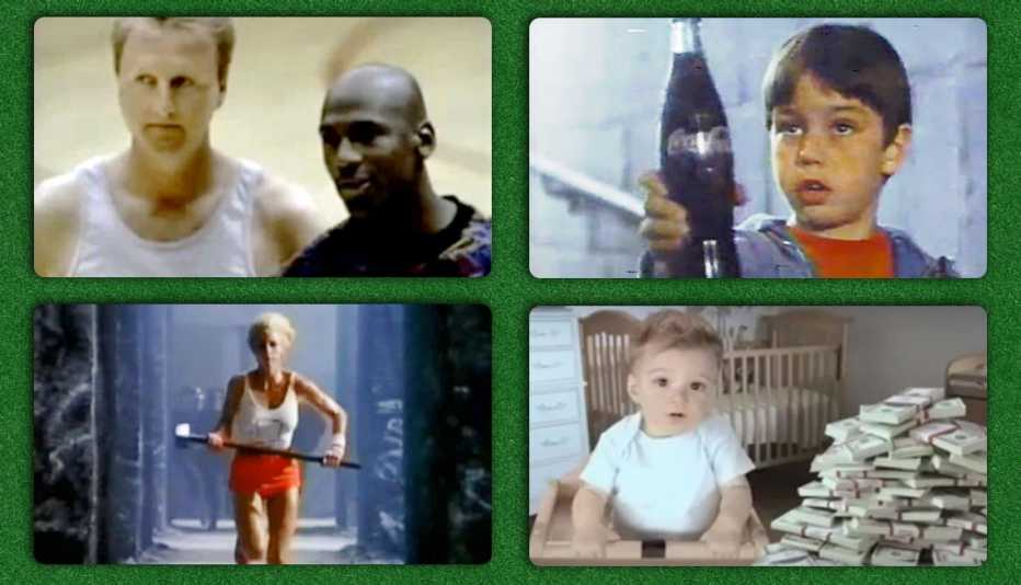 Famous Superbowl ads, clockwise from top left: HOUSE Converse ad with Larry Bird and Michael Jordan, Mean Joe Green and kid Coke Ad, E-Trade baby, 1984 Apple. 