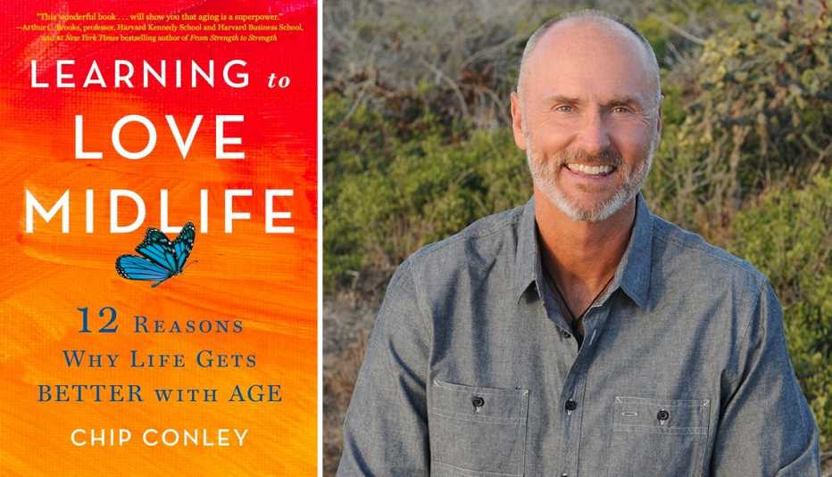 left book cover for learning to love midlife by chip conley right author chip conley