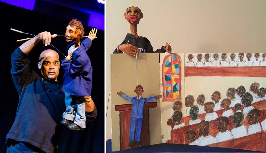 left shroeder cherry handling one of his puppets right a church activist organization puppet scene made by shroeder cherry
