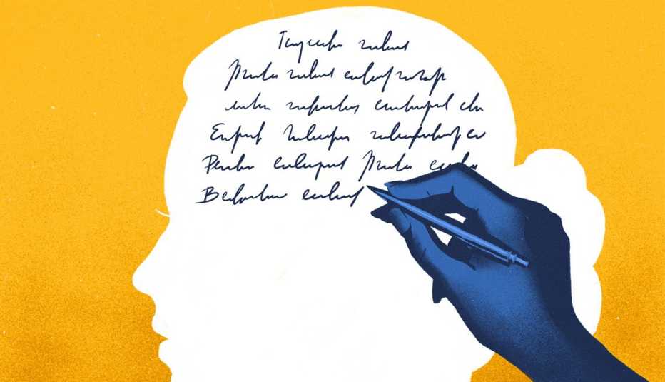 an illustration of a blue hand writing on a white silhouette of a head on a yellow field