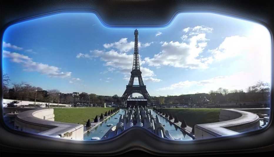 A photo of the Eiffel Tower through VR goggles.