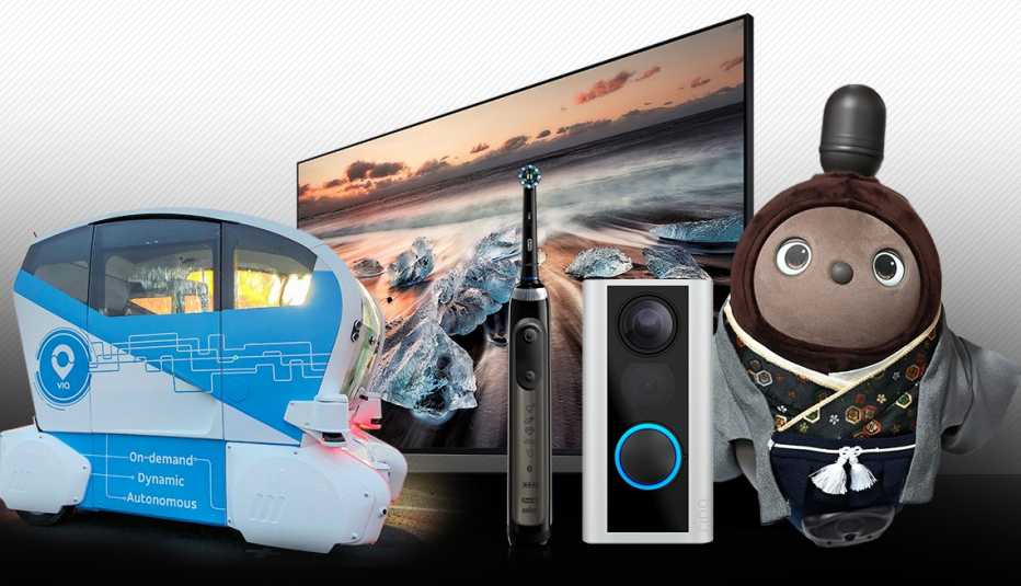 Various tech gadgets include a self-driving vehicle, tv, toothbrush, doorbell, love robot