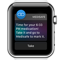 Medisafe reminder displayed on an Apple Watch device
