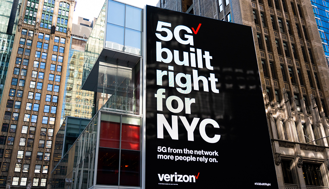 Verizon "5G built right for NYC" advertisement seen outside one of their stores in Midtown Manhattan
