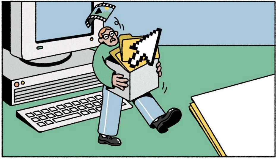an illustration of a man with a box full of files and other items associated with computers near a desktop on a green desk