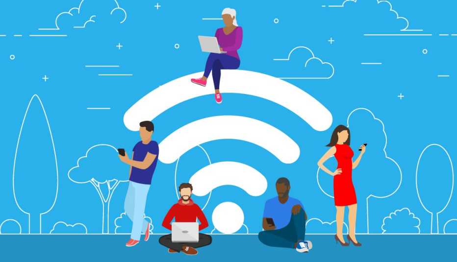 an illustration of people using wi-fi on a white wi-fi symbol superimposed over a blue field