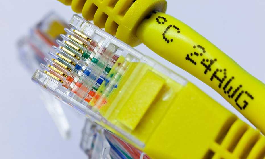 a close-up of yellow ethernet connectors