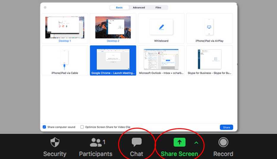 screenshot from zoom meeting showing options for screen sharing with chat and screen share buttons circled in red
