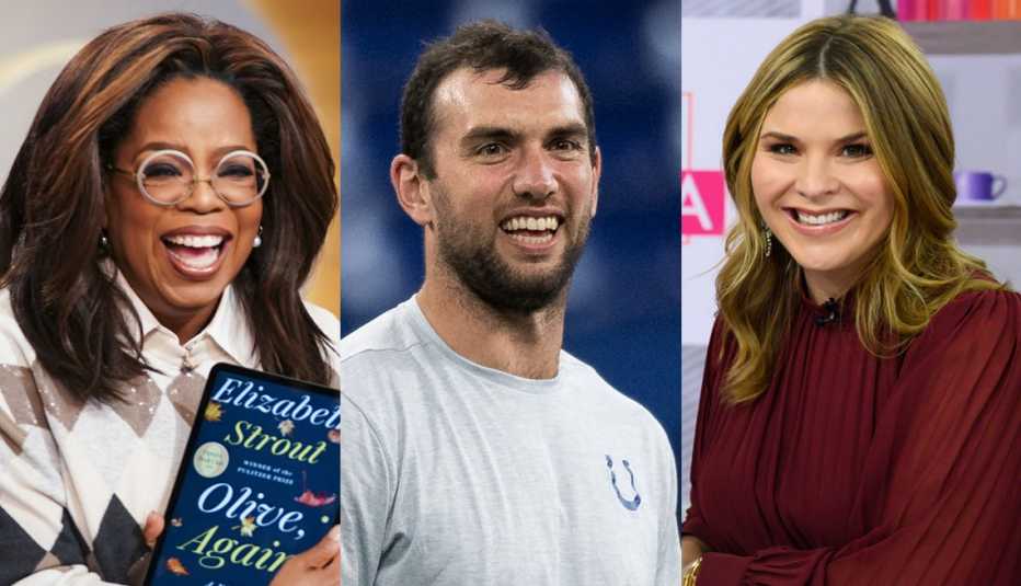 photos of three book club celebs Oprah Winfrey, Andrew Luck and Jenna Bush Hager