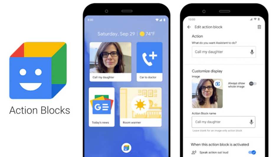 google play store action blocks icon and two screenshots of the app in use on a mobile phone  