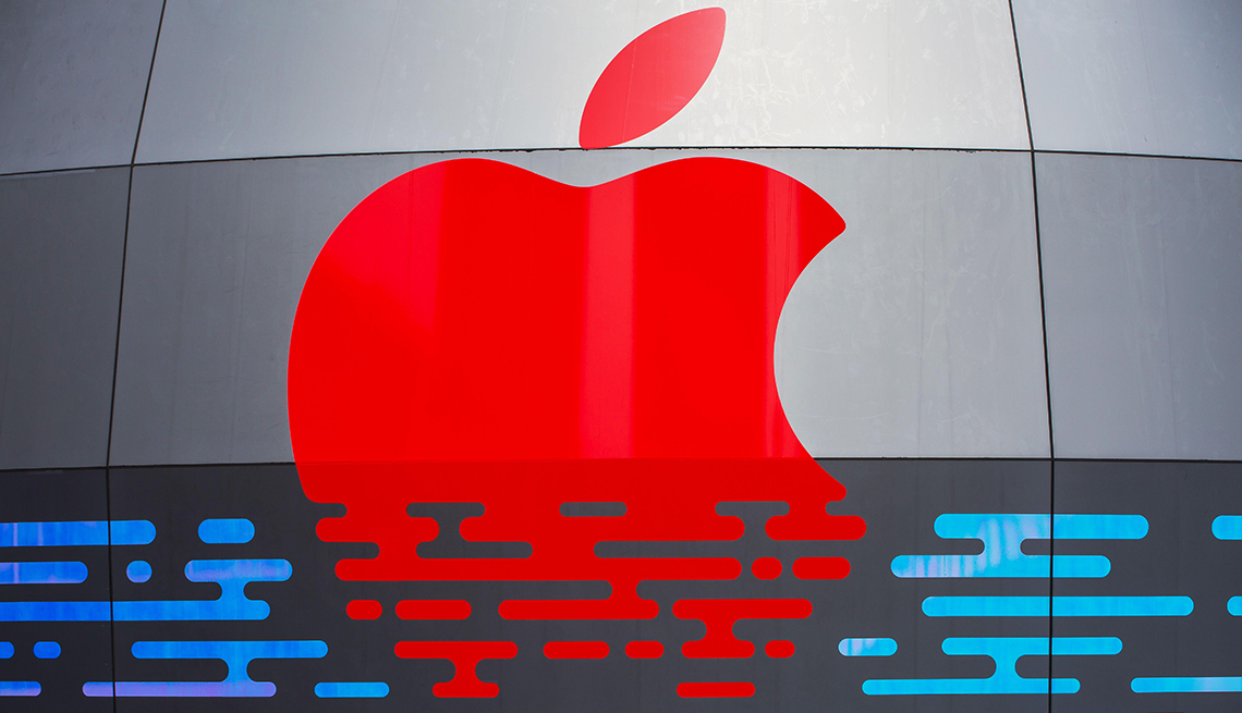 close up of Apple brand logo display at an overseas Apple Store location 