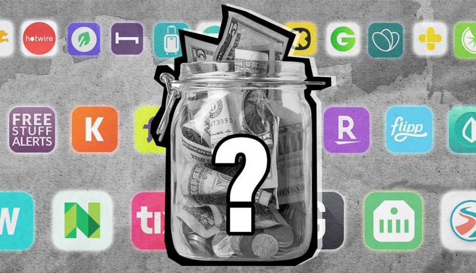 a jar filled with cash superimposed over a gray field covered in app logos