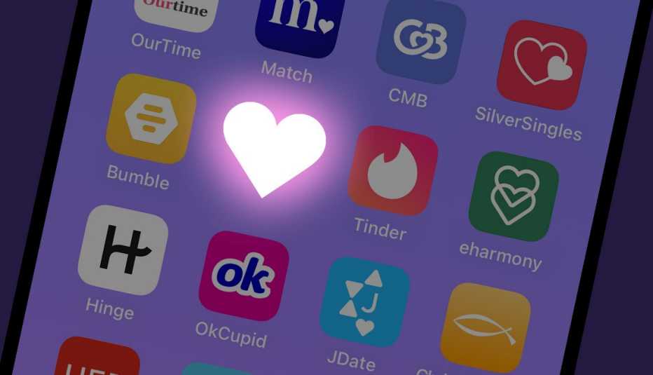 an assortment of dating apps on a phone screen with a purple background