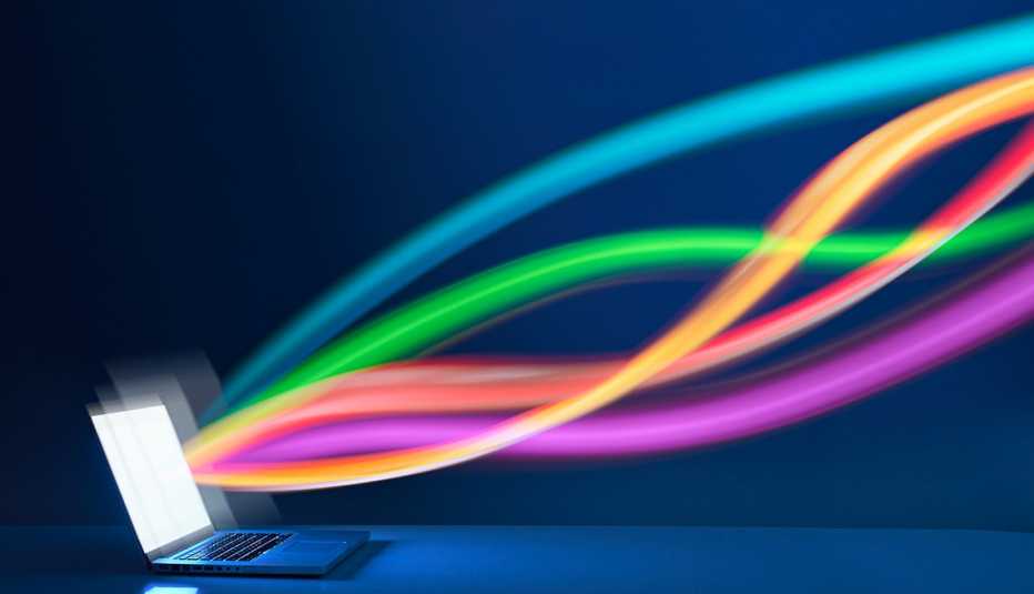 colorful ribbons suggesting streaming data flow from a laptop screen