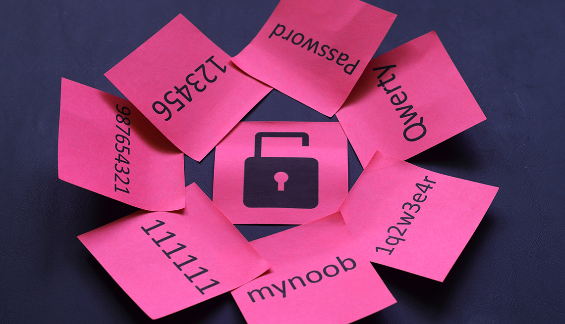 a broken lock illustration is surrounded by insecure passwords written on sticky notes