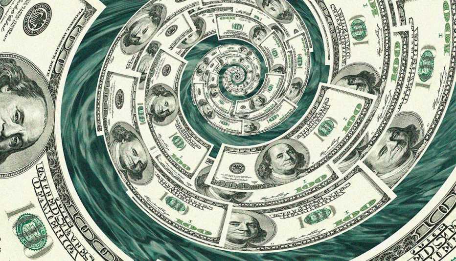 large amount of hundred dollar bills spinning down a drain or whirlpool in a spiral on a background that looks like water