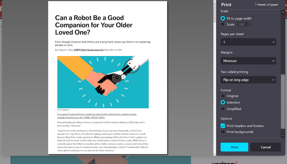 a screenshot of print preview mode in the firefox browser