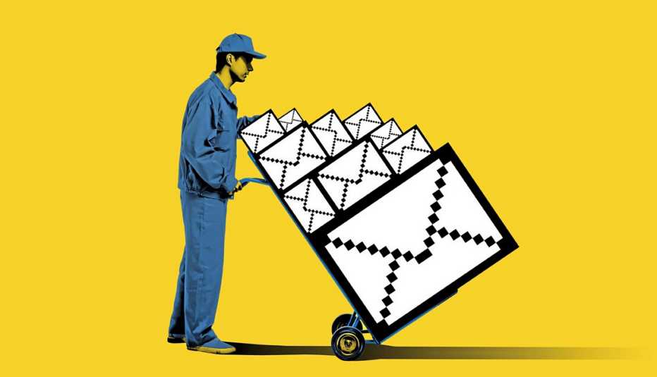 an illustration of a man in a work uniform carting around boxes that look like email icons