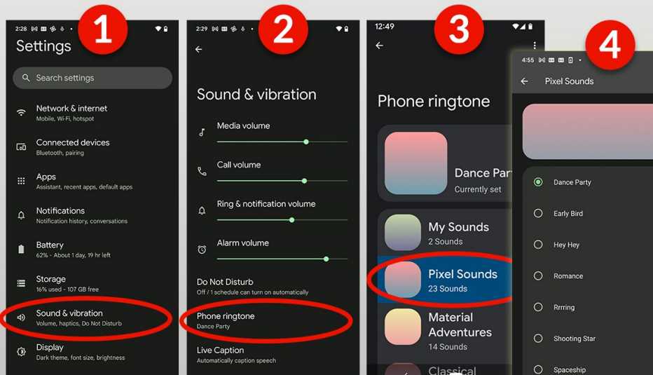 screenshot series showing how to change the default ringtone on an android phone by going to settings then sounds and vibration then phone ringtone then choosing a different one