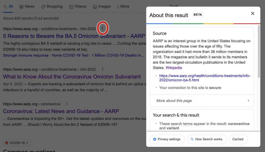 a screenshot showing google's tool for addressing sources