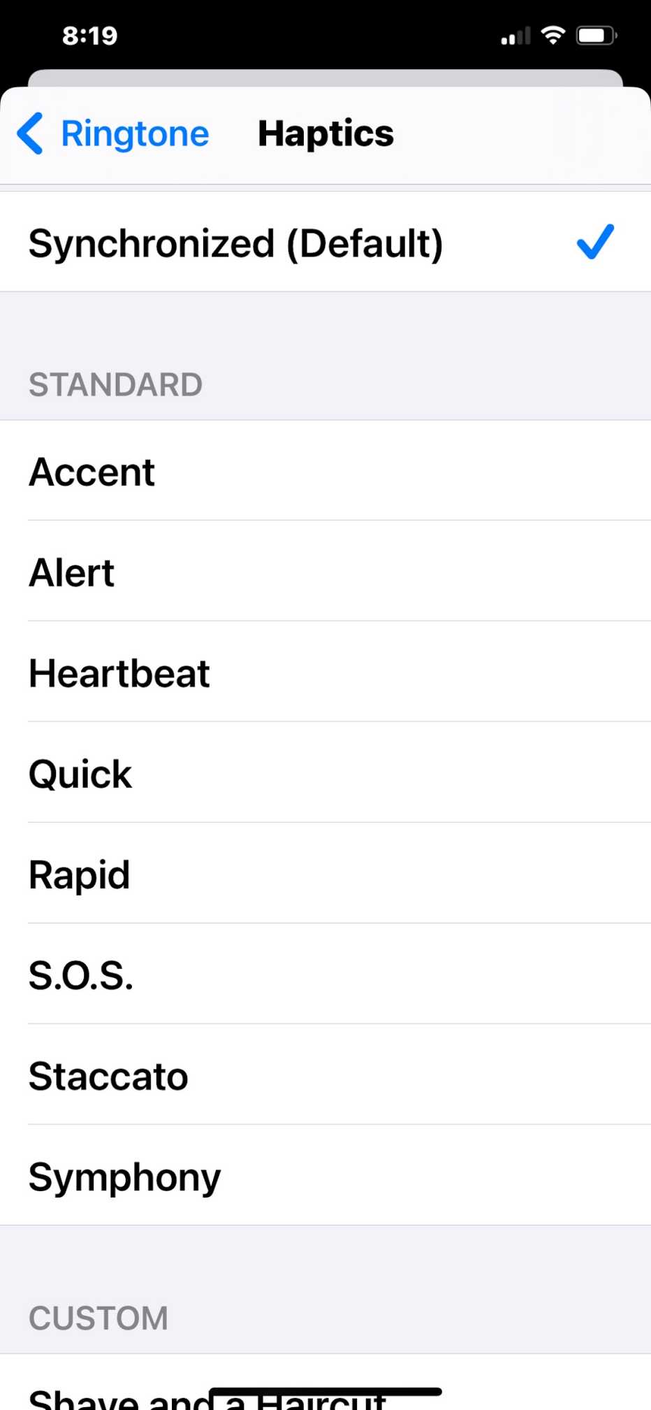 screengrab of an iphones options for ringtone noises and haptics