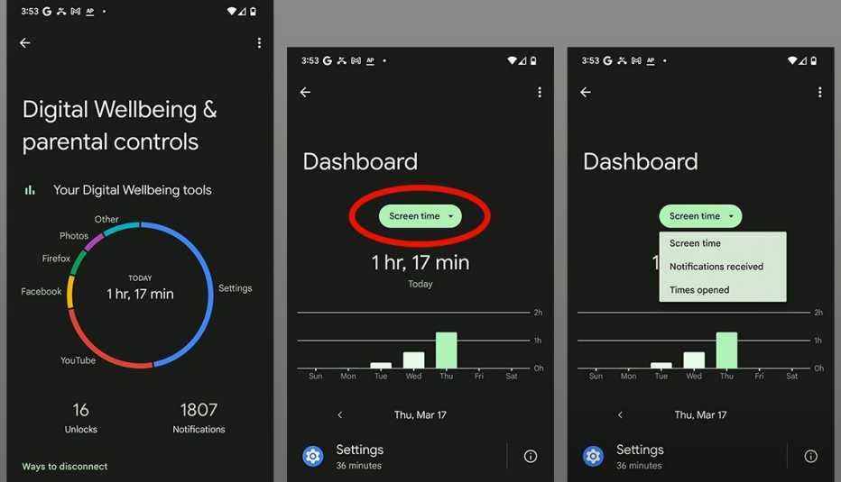 screenshots from a google pixel showing how to track and regulate screen time