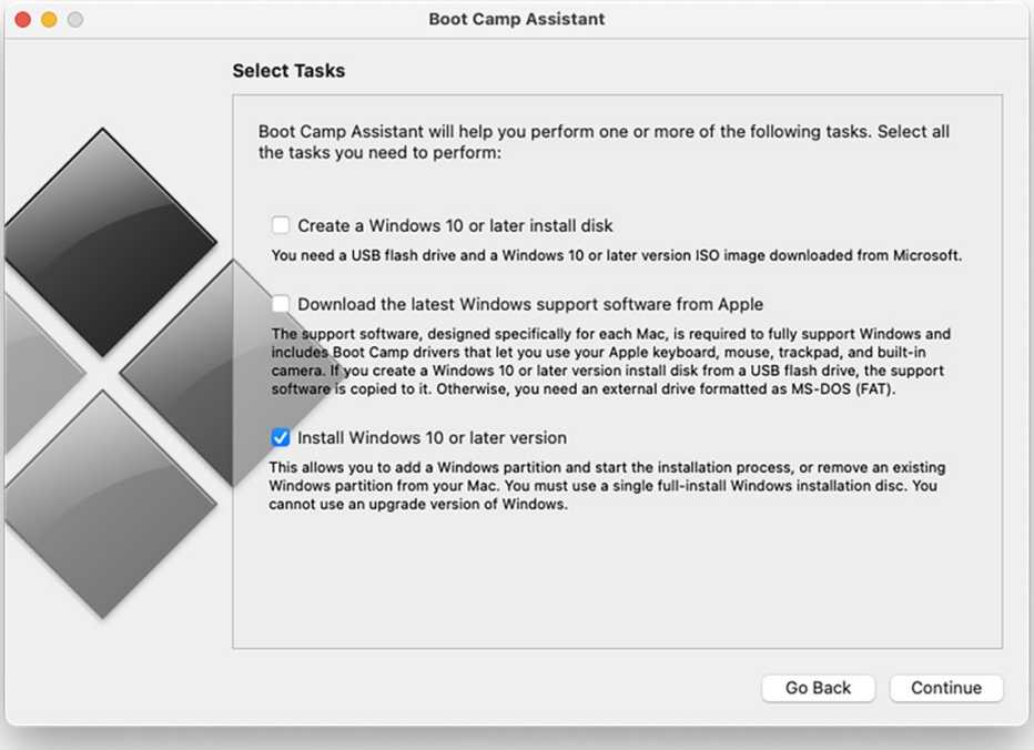screenshot of the boot camp assistant dialog box called select tasks that shows three task options to choose from 