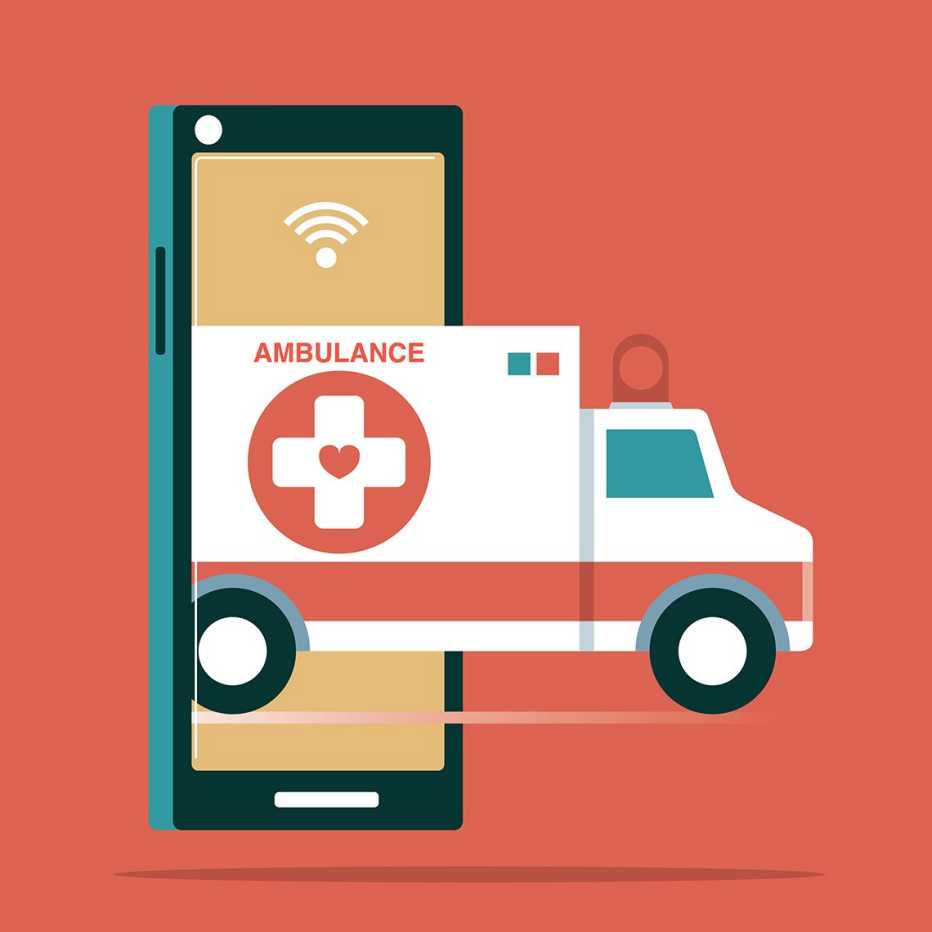 an illustration of an ambulance emerging from a smartphone