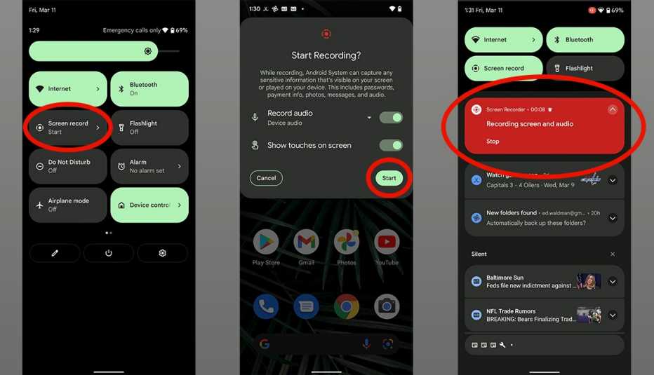 a panel of screenshots showing instructions for recording video from your android device