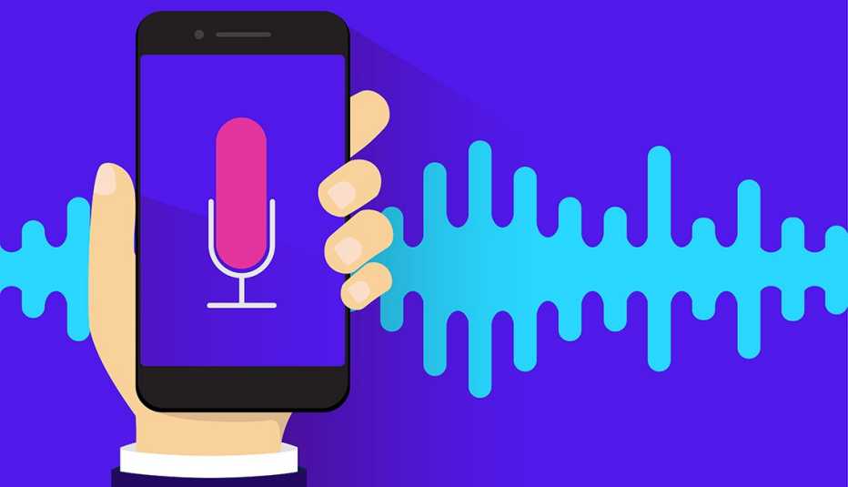 an illustration of a hand holding a smartphone with a microphone on it