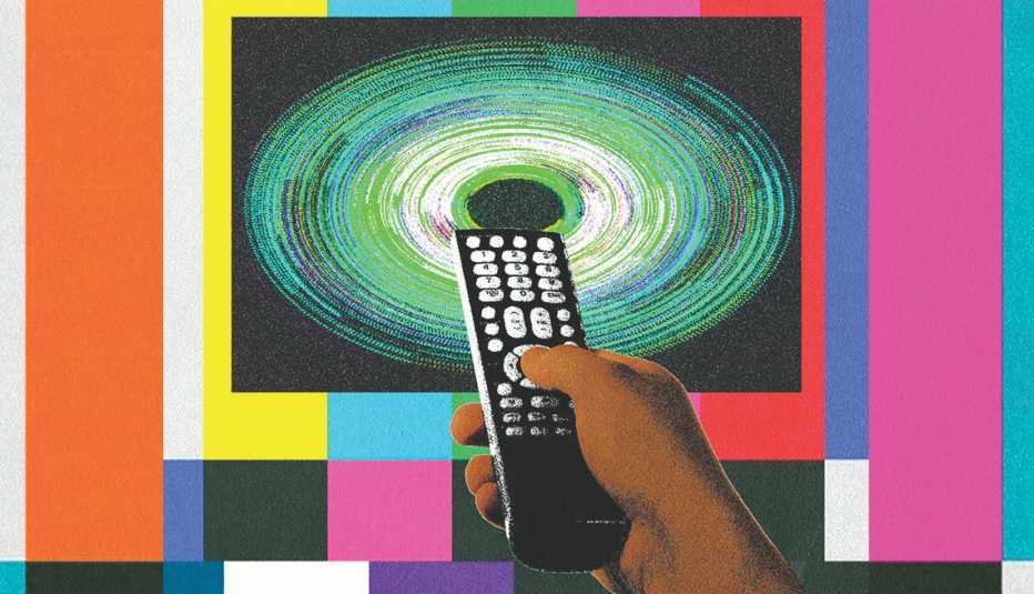 stylized photo illustration of a hand with tv remote pointed at a tv with special effects