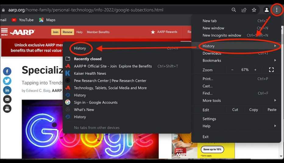 a panel showing how to view your browser history in chrome