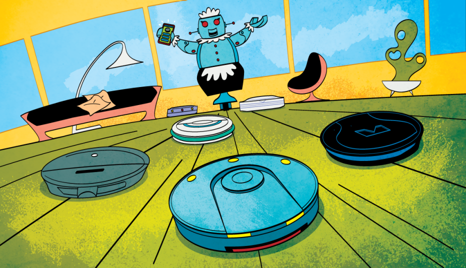 an illustration of robot vacuums in a futuristic house