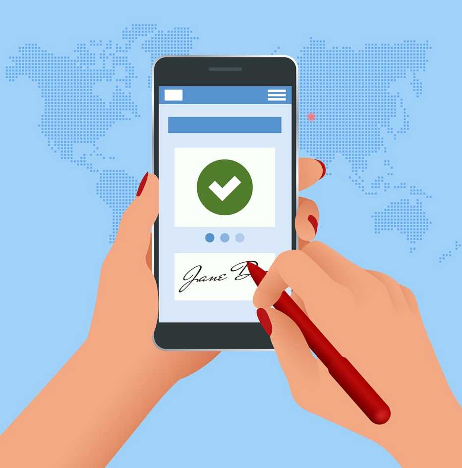 an illustration showing someone signing a document electronically on their smartphone