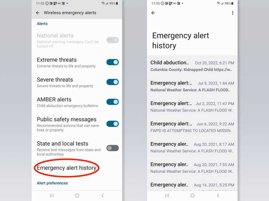 two screenshots showing steps for finding emergency alerts on a smartphone