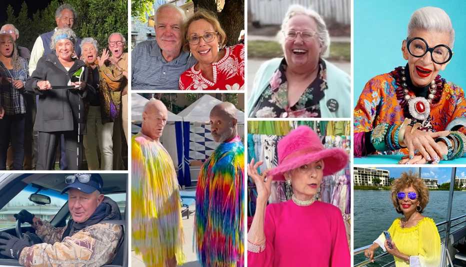 Collage of "Grandfluencers" images from TikTok. Clockwise from top left: Retirement House; Brunch with Babs; Your Chubby Vintage Nana; Iris Apfel; Black Widow; Style Crone; The Old Gays; and Dad Advice from Bo