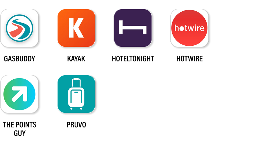 free travel apps top row from left to right gasbuddy kayak hoteltonight and hotwire bottom row from left to right the points guy and pruvo