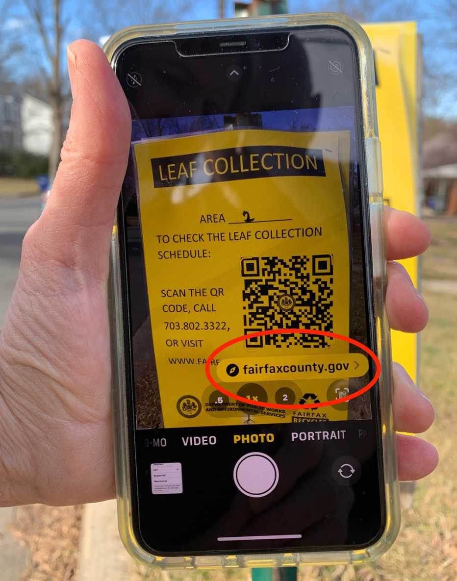 an example of a phone reading a q r code to bring up a website for leaf collection