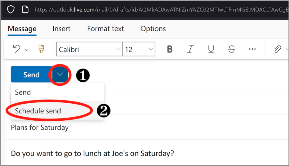 screenshot of an email being scheduled