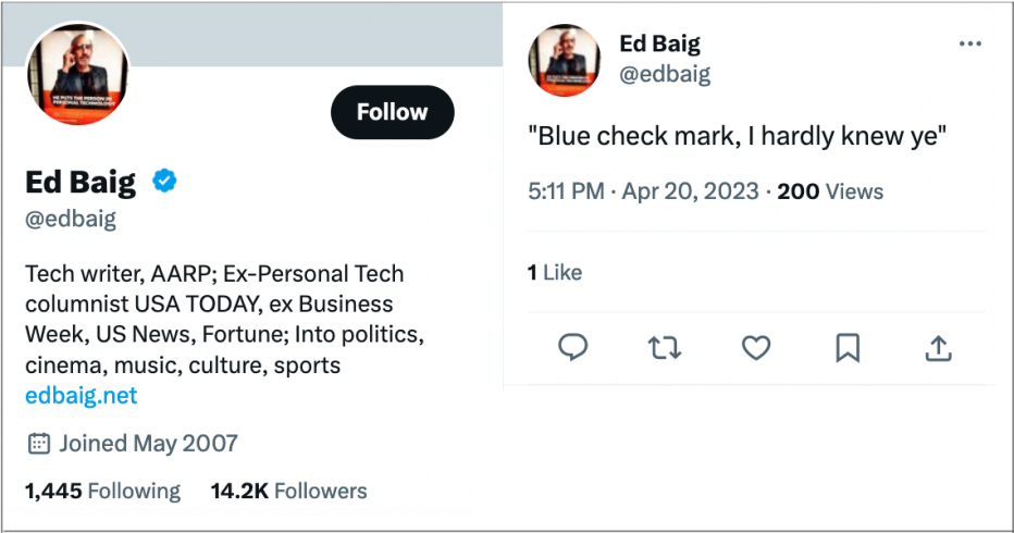 two pictures of aarp tech writer ed baigs twitter profile - one with a blue check and one without