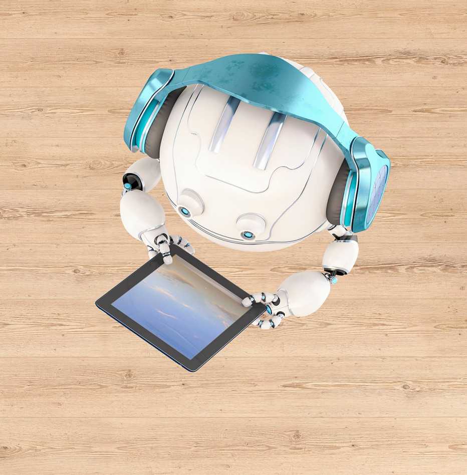 a white robot wearing headphones with a tablet