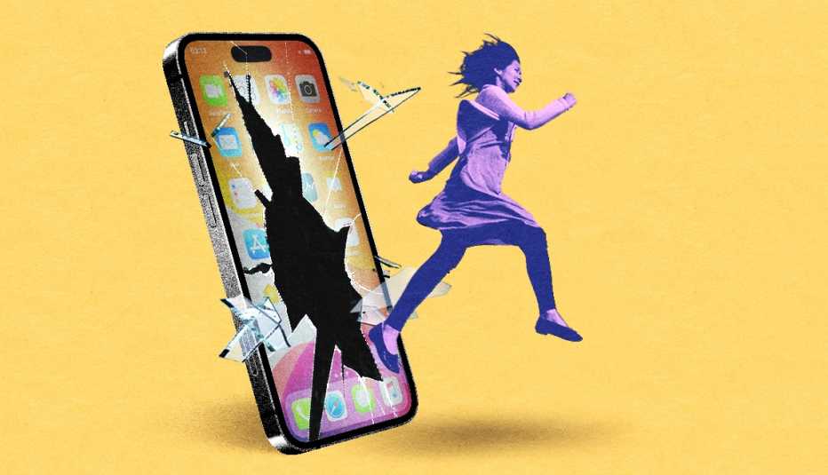 a woman breaking out of a smartphone with glass flying