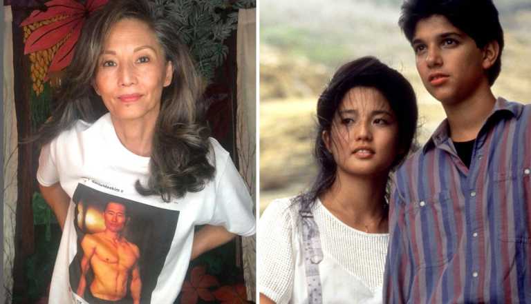 left actress tamlyn tomita right a younger tamlyn tomita and ralph macchio in the karate kid two