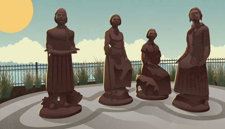 illustration of four native american statues with sun and sky in background