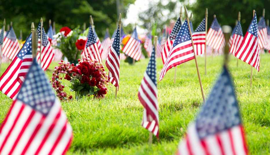 American flags at a graveyard
