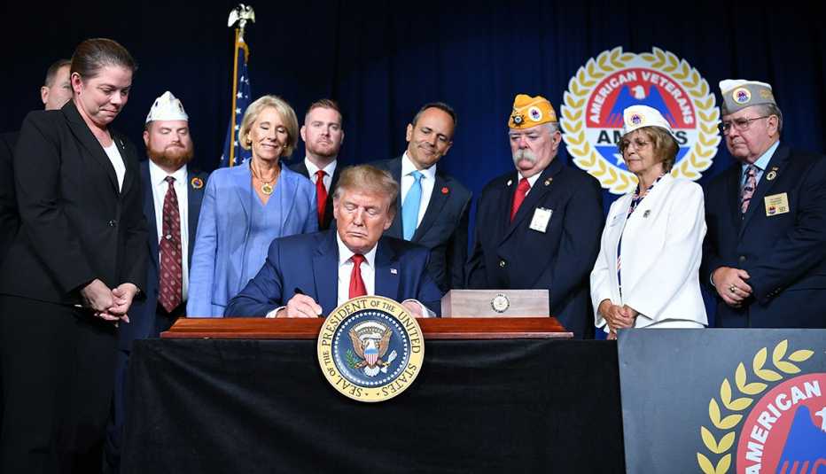 President Donald Trump signing a paper at a desk with people standing behind him