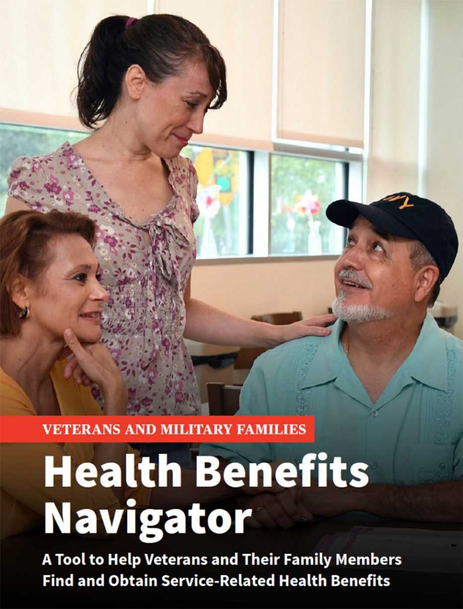 preview cover of the veterans health benefits navigator booklet with photo of a veteran and his family